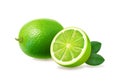 Lime, half and whole juicy fruit with green leaves. Realistic citrus. 3d vector