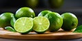 Lime Halves and Whole Limes on Wooden Cutting Board. Generative AI Royalty Free Stock Photo