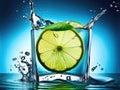 Lime in ice cube with water splash on blue background. Fresh citrus fruit slices flying objects