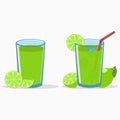 Lime juice in a glass with lime slice and half. Natural fresh citrus drink with straw and ice cube. Vector.