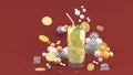 Lime juice surrounded by lemon and colorful balls on red background.- Royalty Free Stock Photo