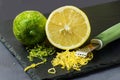 Lime and lemon, citrus zest and knife to peel