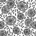 Lime, lemon and orange slices with lots of splashes vector seamless pattern. Hand drawn background. White back. Royalty Free Stock Photo