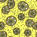 Lime, lemon and orange slices vector seamless pattern. Hand drawn yellow background. Royalty Free Stock Photo