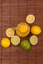 Lime, lemon and pitcher of juice Royalty Free Stock Photo