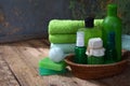 Lime mint composition beauty treatment products in green colors: shampoo, soap, bath salt, towel, oil. Various bath accessories. I Royalty Free Stock Photo