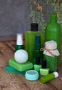 Lime mint composition beauty treatment products in green colors: shampoo, soap, bath salt, towel, oil. Various bath accessories. I Royalty Free Stock Photo