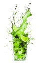 lime mojito, lime green tea splashing from a glass, colorful fresh drink pouring from a glass, isolated element