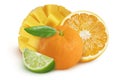 Lime, orange, mango and tangerine on an isolated white background. Royalty Free Stock Photo