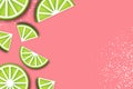 Lime in paper cut style. Origami juicy ripe lime citrus slices. Healthy food on pink. Summertime.