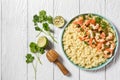 Lime shrimps with cilantro and rice, top view Royalty Free Stock Photo