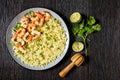 Lime shrimps with rice top view, copy space Royalty Free Stock Photo