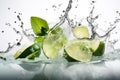 lime slices falling into water with splash and mint leaves on white background, Generative AI Royalty Free Stock Photo