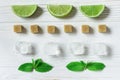 Lime slices, ice, mint and cubes of brown sugar. Ingredients for Royalty Free Stock Photo
