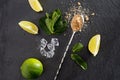 Lime slices with mint leaves and mix spoon on stone board