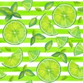 Lime slices, mint leaves seamless striped pattern Royalty Free Stock Photo