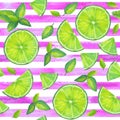 Lime slices, mint leaves seamless striped pattern