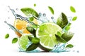 Lime slices with mint leaves on white and water splash background. Generative ai Royalty Free Stock Photo