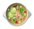 Lime soup with chicken, avocado, tomato, tortilla on a white background. Traditional Mexican food.Delicious and