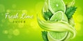 Lime in splash, green juice poster. Slice of lemon citrus, fresh fruit drink promo web banner, realistic nature cold