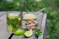 Lime tea with mint and honey and gingerbread on a wooden table