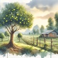 A lime tree with lemons and a farm house, nature view, water color painting art, tree Royalty Free Stock Photo