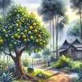 A lime tree with lemons fruit, nearby a farm house, watercolor painting art, village, tree, plants Royalty Free Stock Photo