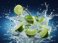 Lime in water with splash on blue background. Fresh citrus fruit slices flying objects Royalty Free Stock Photo