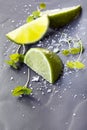 Lime Wedges with Sea Salt and Micro Herbs over Slate Royalty Free Stock Photo