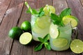 Limeade in mason jar glasses on rustic wood Royalty Free Stock Photo