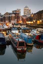 Limehouse Basin and Canary Wharf, London.