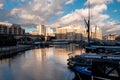 Limehouse Basin at sunset. Beautiful boats and clouds