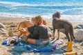 LIMEKILN STATE PARK, CALIFORNIA - SEPTEMBER 10, 2015 - Middle aged hippie couple with three dogs at the beach