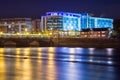 Limerick, Ireland - November 21, 2010: Modern architecture of the Strand Hotel reflected in Shannon River at night, Limerick Royalty Free Stock Photo