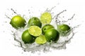 Limes floating in a clear splash of water against a white background - AI generated Royalty Free Stock Photo