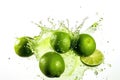Limes floating in a clear splash of water against a white background - AI generated Royalty Free Stock Photo