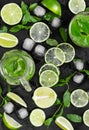 Limes, fresh mint and ice on old grunge black background. Royalty Free Stock Photo