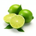 Limes with green leaves isolated on white background Royalty Free Stock Photo