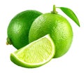 Limes and lime slice isolated on white Royalty Free Stock Photo