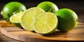 Limes on Wooden Cutting Board. Summer Ripe Citrus Fruits. Sour Citrous. Generative AI Royalty Free Stock Photo