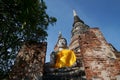 Limestome Buddhist state in front of pagoda at Wat Yai Chai Mongkhon, Ayutthaya Thailand