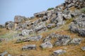 Limestone blocks an earthquake-destroyed wall of city of Hierapolis