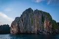 Limestone cliff at sunset off Miniloc Island, El nido region of Palawan in the Philippines Royalty Free Stock Photo