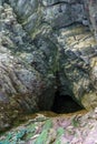 Limestone cliff wall with entrance of the cave. Cave in a layered limestone rock