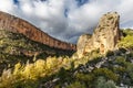 Limestone cliffs of Turia canyon lit up by the sun near Chulilla