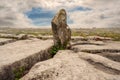 Limestone field with one rock stuck in a crack in the ground. Cracks work as leading lines to the rock. Blue cloudy sky in the