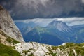 Limestone landscape under dark clouds in Carnic Alps, Italy