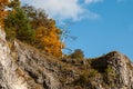 A limestone rock in swabian alb with colorful trees Royalty Free Stock Photo