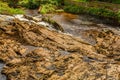 Limestone rocks with a calm water flow in the Clifden waterfalls on the Owenglin or Owenglen river Royalty Free Stock Photo