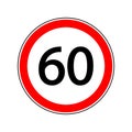 60 limit speed. 60 km speed limit sign for car. Road sign with restriction of sixty kmh. Icon for traffic on city or highway.